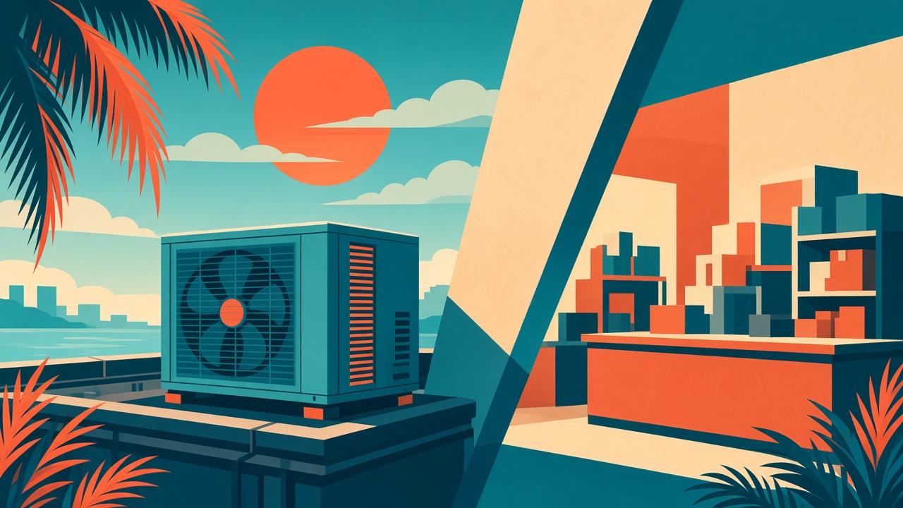 Florida HVAC shop and condenser under the sun — illustration for HVAC This Week